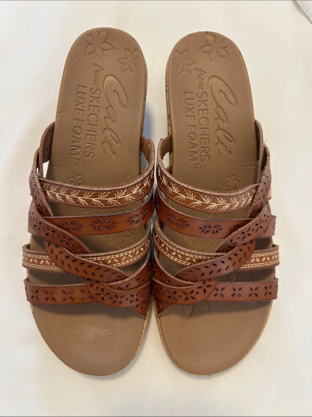 Skechers Brown Multi-Strap Leather Wedge Sandals